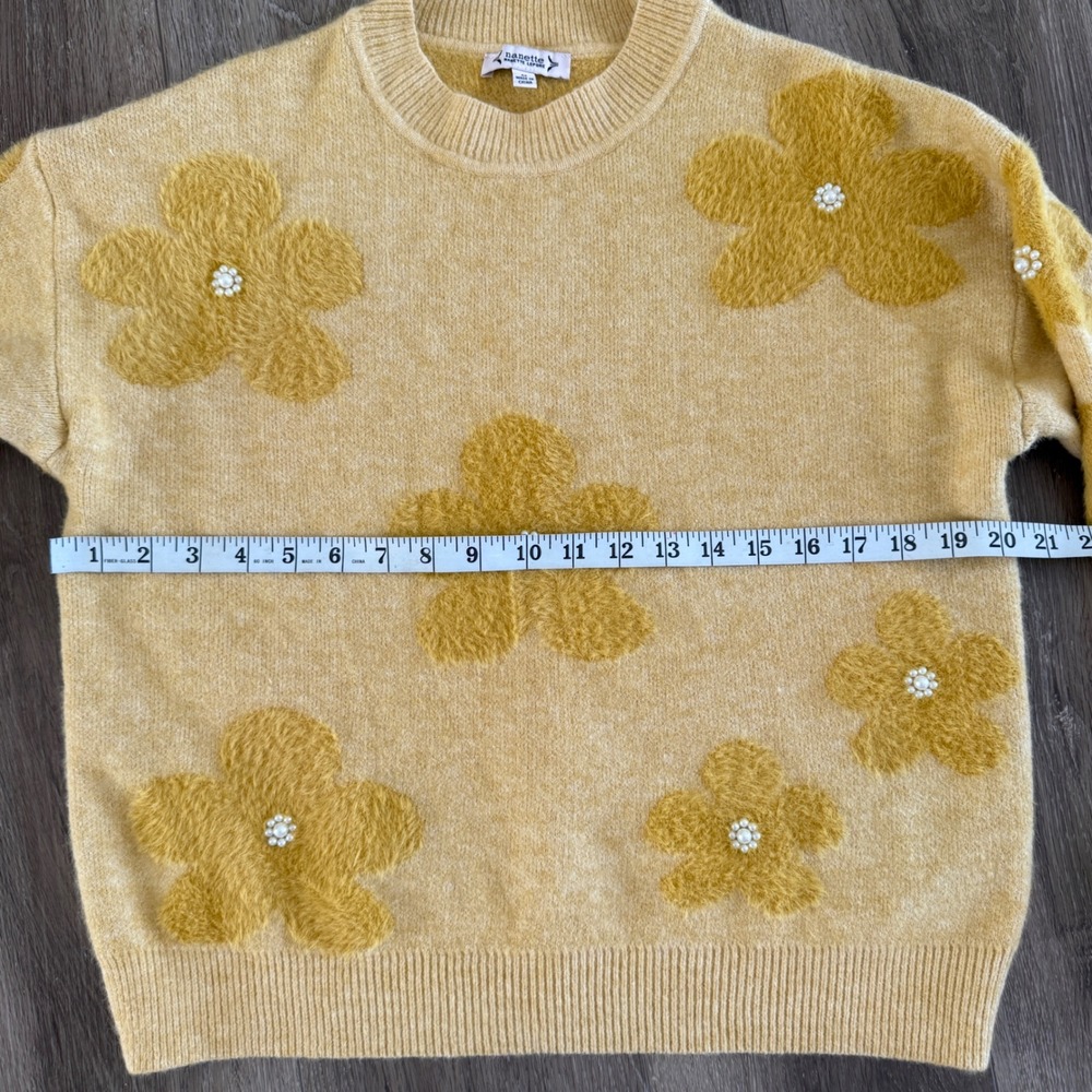 Nanette Lepore Floral Knit Crewneck Sweater Yellow Pearl Accent Medium - Picture 6 of 7